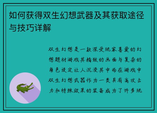 如何获得双生幻想武器及其获取途径与技巧详解