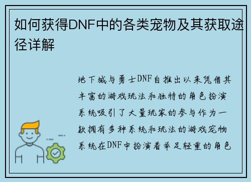 如何获得DNF中的各类宠物及其获取途径详解
